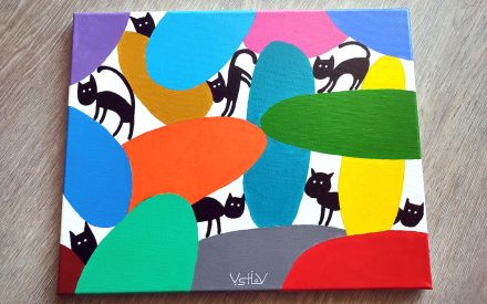 NOIR SUR BLANC AU MILIEU DE LA COULEUR. 40 x 30. TOILE. ACRYLIQUE. VERNIS.