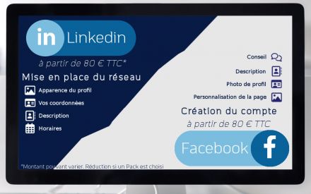 Offre de Marketing, LinkedIn, Facebook, Mise en place du réseau, apparance, personnalisation de page, coordonnées, description