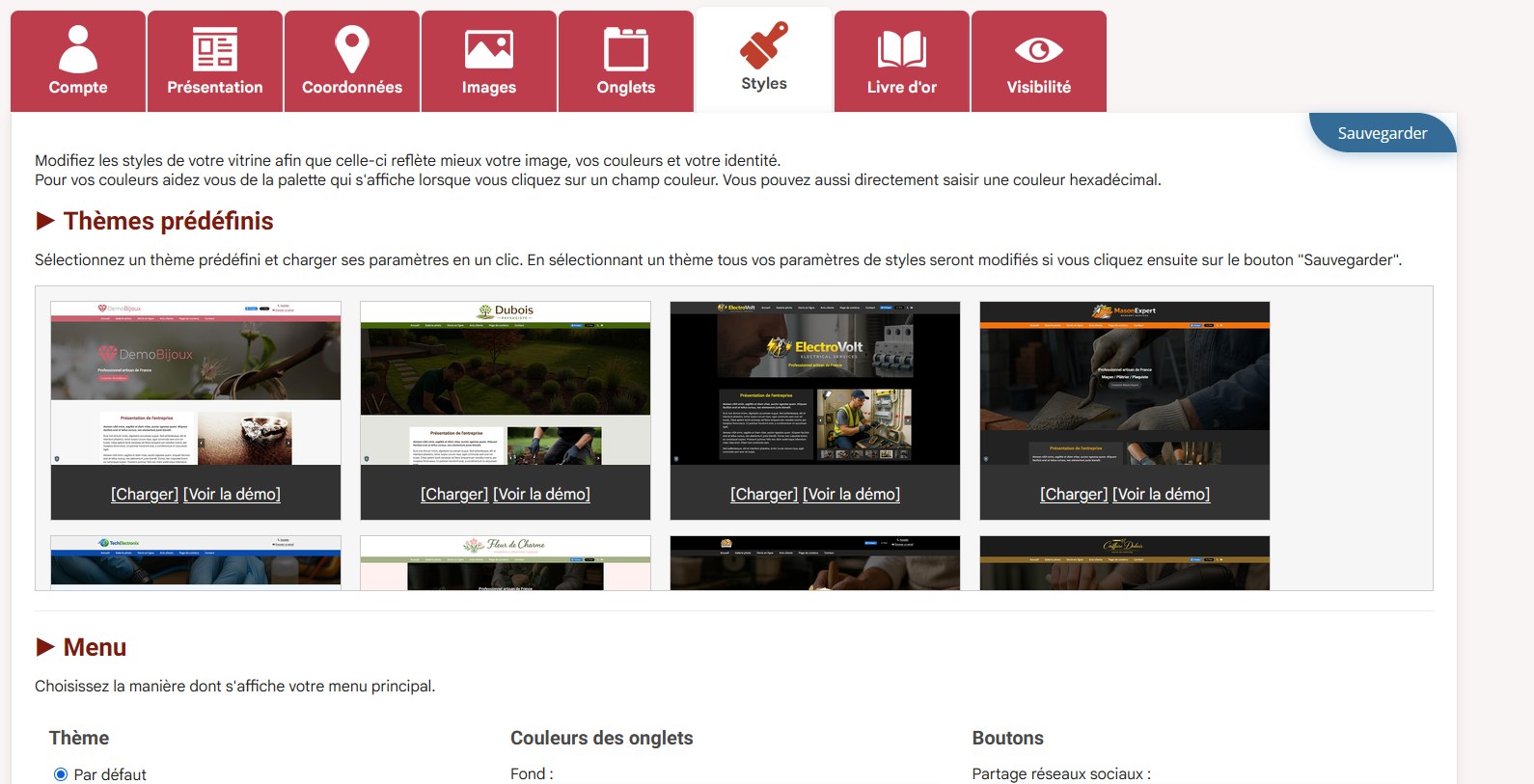 Interface de personnalisation des styles d'une vitrine Premium La Fabrique des Artisans